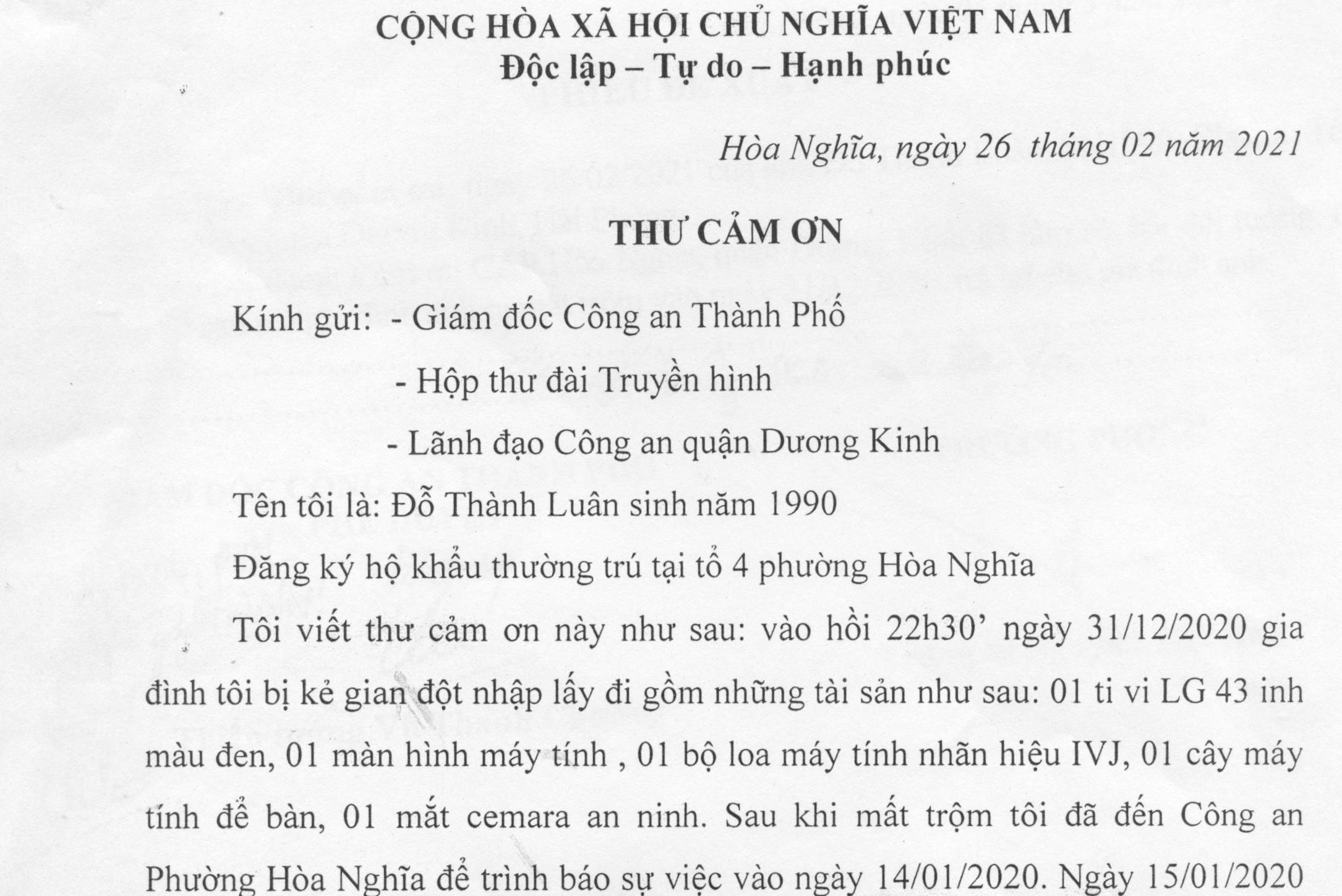 Anh Đỗ Thành Luân gửi thư cảm ơn về việc thu hồi tài sản bị trộm cắp